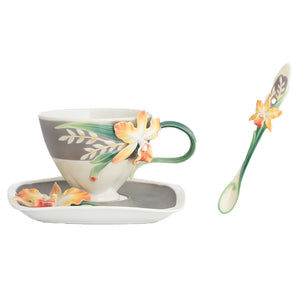 Franz Porcelain Magnificent Cattleya Orchid Design Sculptured Porcelain Cup & Saucer/Spoon Set
