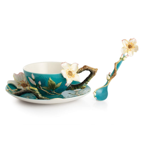 Franz Porcelain Van Gogh Almond Flower Design Sculptured Porcelain Cup & Saucer/Spoon Set