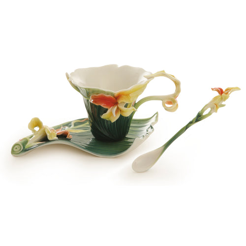 Franz Porcelain Brilliant Blooms Canna Lily Flower Design Sculptured Porcelain Cup & Saucer/Spoon Set