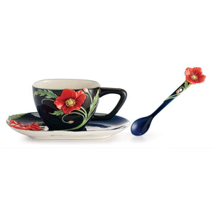Franz Porcelain The Serenity Poppy Flower Design Sculptured Porcelain Cup & Saucer/Spoon Set