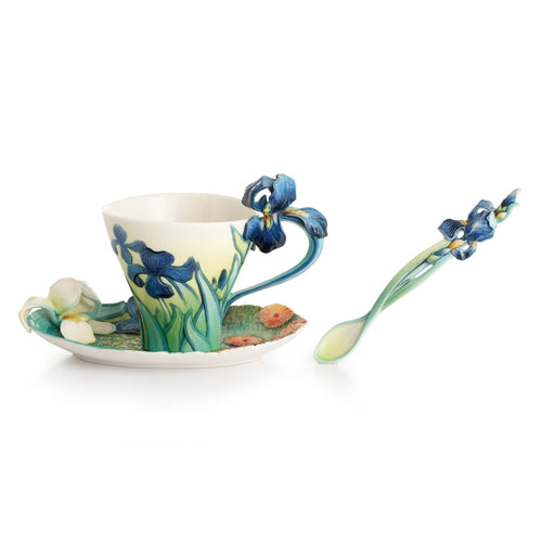 Franz Porcelain Van Gogh Iris Flower Design Sculptured Porcelain Cup & Saucer/Spoon  Set