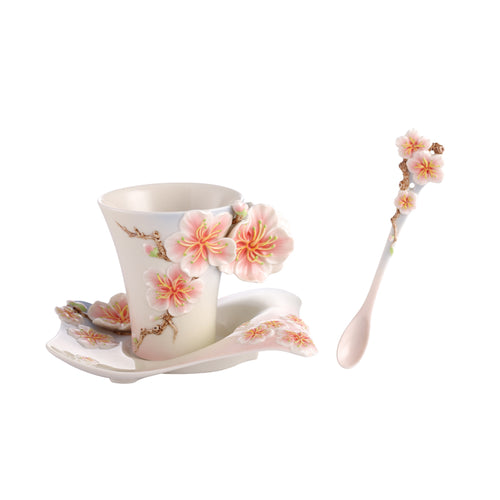 Franz Porcelain Four Seasons-Plum Blossom Design Sculptured Porcelain Cup & Saucer/Spoon Set