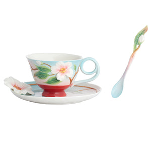 Franz Porcelain Everlasting Love Camellia Design Sculptured Porcelain Cup & Saucer/Spoon Set