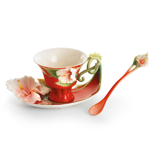 Franz Porcelain Island Beauty Hibiscus Flower Design Sculptured Porcelain Cup & Saucer/Spoon Set