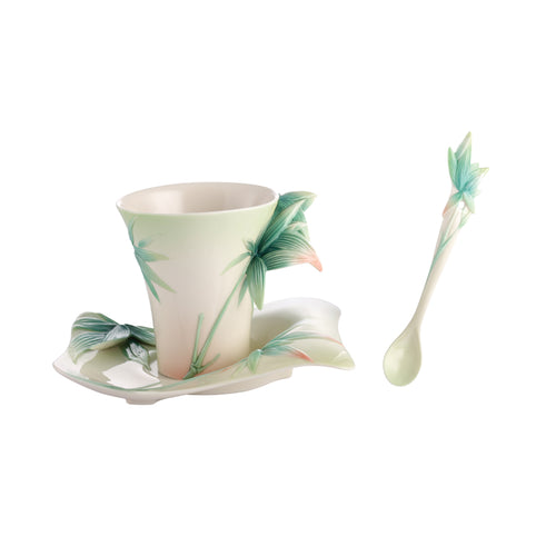 Franz Porcelain Four Seasons-Bamboo Design Sculptured Porcelain Cup & Saucer/Spoon Set