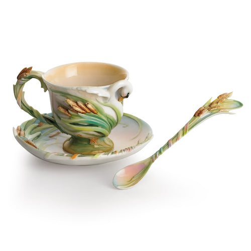 Franz Porcelain Swan Lake Design Sculptured Porcelain Cup & Saucer/Spoon Set