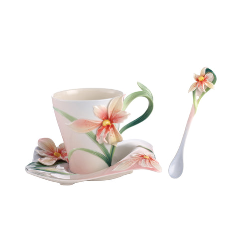 Franz Porcelain Four Seasons-Orchid Design Sculptured Porcelain Cup & Saucer/Spoon Set