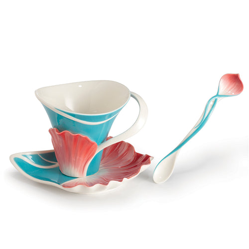 Franz Porcelain Spring Periwinkle Sculptured Porcelain Cup & Saucer/Spoon Set