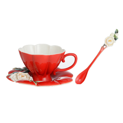 Franz Porcelain Venice Peony Design Sculptured Porcelain Cup & Saucer/Spoon Set