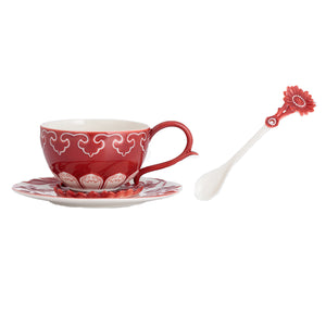 Franz Porcelain Underglaze Red Chrysanthemum Design Sculptured Porcelain Cup & Saucer/Spoon Set