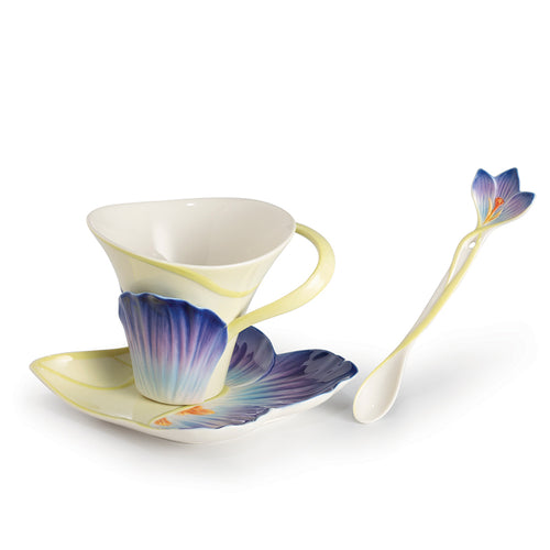 Franz Porcelain Winter Crocus Sculptured Porcelian Cup & Saucer/Spoon Set