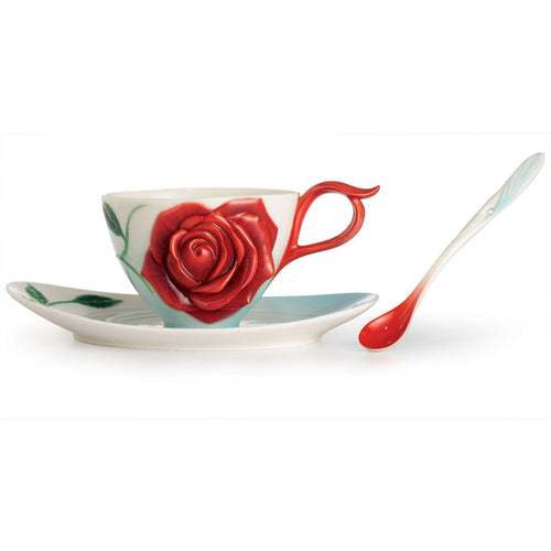 Franz Porcelain Romance Of The Rose Sculptured Porcelain Cup & Saucer/Spoon Set