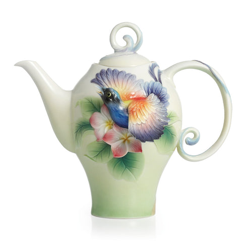 Franz Porcelain Shangri-La Bird Of Paradise Flower Design Sculptured Porcelain Teapot