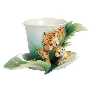 Franz Porcelain Safari Jungle Beauties Tiger/Baby Design Sculptured Porcelain Cup & Saucer Set