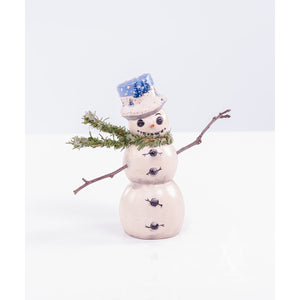 Vaillancourt Folk Art - Wind Blown Snowman with Stick Arms and Blue Hat Chalkware Figurine