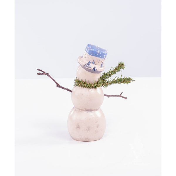 Load image into Gallery viewer, Vaillancourt Folk Art - Wind Blown Snowman with Stick Arms and Blue Hat Chalkware Figurine
