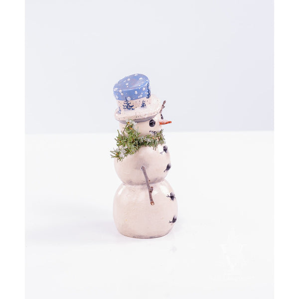 Load image into Gallery viewer, Vaillancourt Folk Art - Wind Blown Snowman with Stick Arms and Blue Hat Chalkware Figurine
