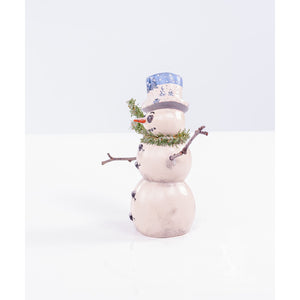 Vaillancourt Folk Art - Wind Blown Snowman with Stick Arms and Blue Hat Chalkware Figurine
