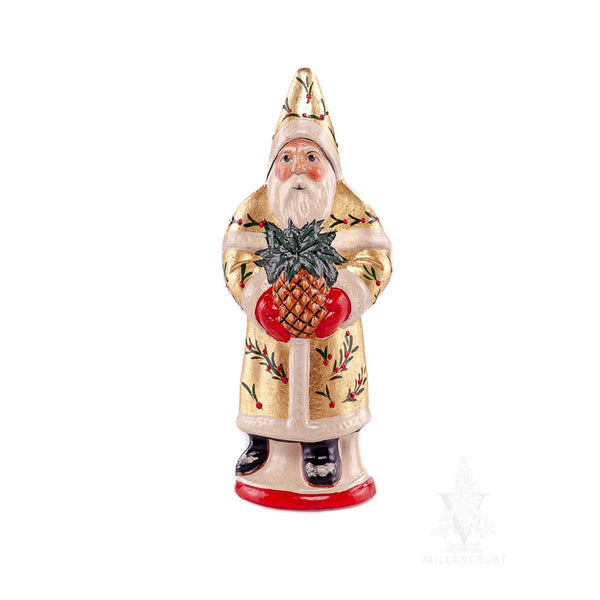 Load image into Gallery viewer, Vaillancourt Folk Art - Traditional Gold Santa Holding Pineapple Chalkware Figurine
