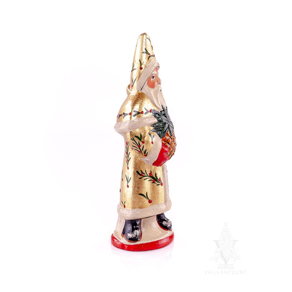 Load image into Gallery viewer, Vaillancourt Folk Art - Traditional Gold Santa Holding Pineapple Chalkware Figurine
