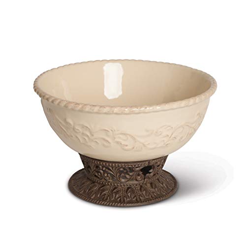 GG Collection Detailed Embossed Cream Ceramic 12-Inch Dia. Bowl With Beautiful Acanthus Leaf Scrolled Metal Base
