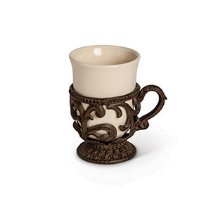 GG Collection Acanthus Leaf Cream Ceramic Cups with Brown Metal Base and Handle (Set of 4)