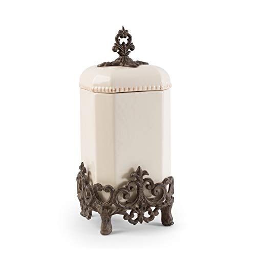 GG Collection 16-Inch Tall Provencial Cream Canister with Brown Metal Scrolled Base