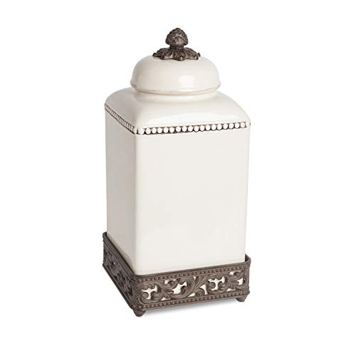 GG Collection 15-Inch Tall Cream Ceramic Canister with Acanthus Leaf Adorned Metal Base