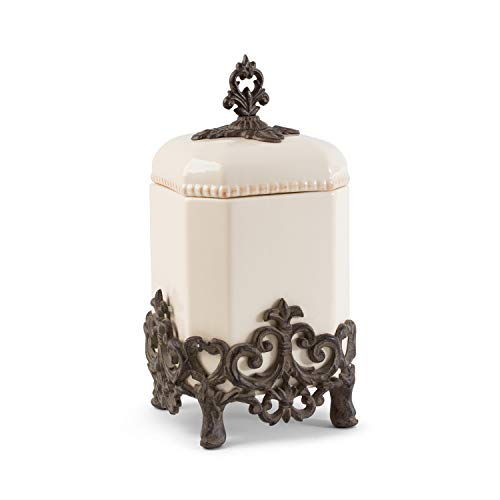 GG Collection 14-Inch Tall Provencial Cream Canister with Brown Metal Scrolled Base