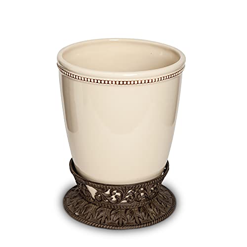 GG Collection Small Cream Ceramic Wastebasket with Acanthus Leaf Metal Base