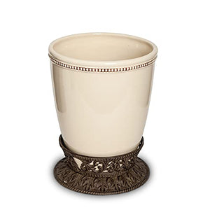 GG Collection Small Cream Ceramic Wastebasket with Acanthus Leaf Metal Base