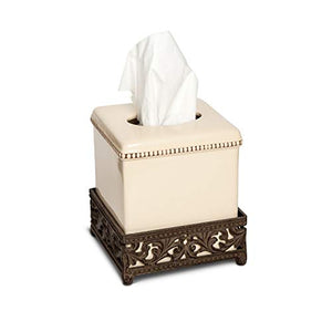 GG Collection Gracious Goods Square Cream Ceramic Tissue Box Cover in a Metal Base