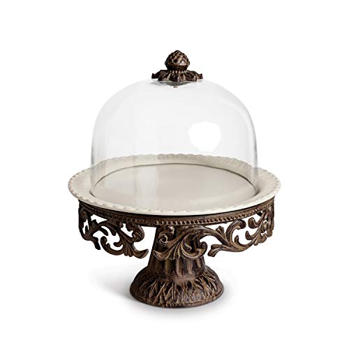 GG Collection Glass Domed Cake Pedestal with Acanthus Leaf Ornate Brown Metal Base and Cream Ceramic Plate