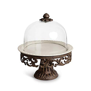 GG Collection Glass Domed Cake Pedestal with Acanthus Leaf Ornate Brown Metal Base and Cream Ceramic Plate