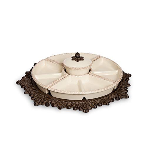 GG Collection Cream Ceramic Lazy Susan Crudite With Acanthus Leaf Metal Base