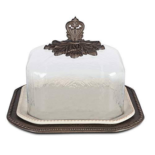 GG Collection 17-Inch Cream Ceramic Pastry Keeper With Glass Dome and Acanthus Leaf Metal Base