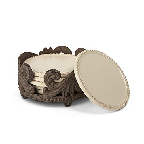 GG Collection Cream Ceramic 6-Piece Acanthus Leaf Collection Coasters