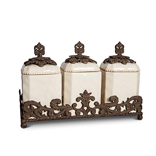 GG Collection Cream Ceramic 3-Piece Canisters With Provincial Metal Base