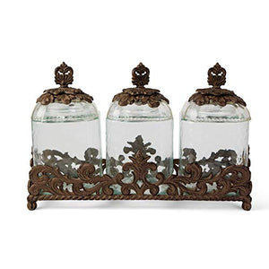 GG Collection 3-Piece Glass Canister Set With Acanthus Leaf Metal Base
