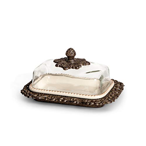 GG Collection Cream Ceramic Butter Dish with Metal Work in Acanthus Leaf Design