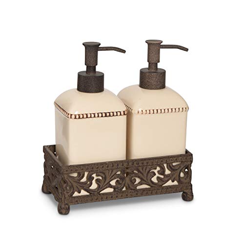 GG Collection Scrolled Acanthus Leaf Cream Ceramic Soap & Lotion Set with Metal Base Holder
