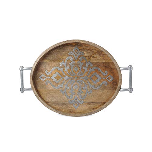 GG Collection Large 25.5-Inch Long Wood and Metal Heritage Collection Oval Tray