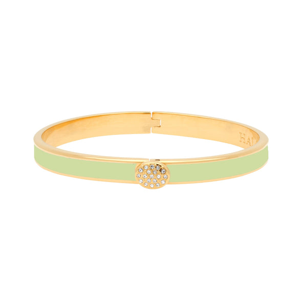 Load image into Gallery viewer, Halcyon Days &quot;Skinny Pave Button Meadow Green &amp; Gold&quot; Bangle

