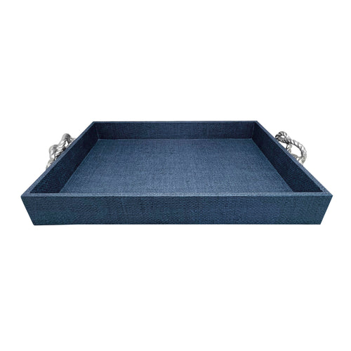 Mariposa Indigo Faux Grasscloth Tray with Rope Handles