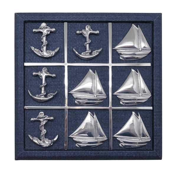 Load image into Gallery viewer, Mariposa Sailboat &amp; Anchor Indigo Blue Faux Grass Cloth Tic Tac Toe Set
