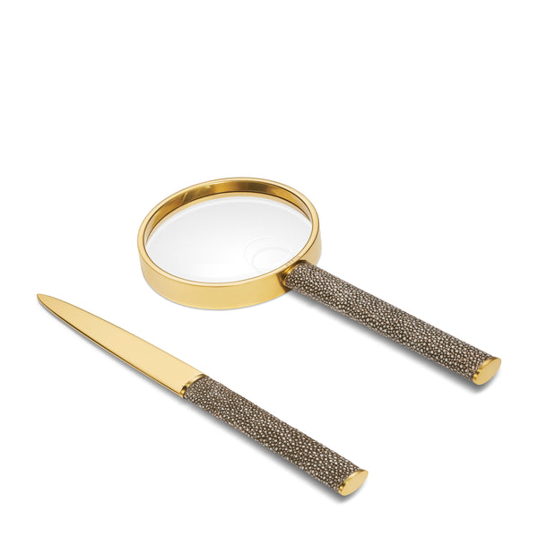 Load image into Gallery viewer, AERIN Shagreen Magnifying Glass And Letter Opener Set - Chocolate
