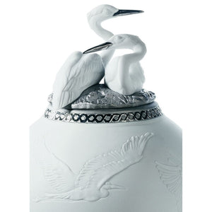 Lladro Herons Realm Covered Vase Figurine - Silver Lustre