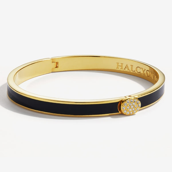 Load image into Gallery viewer, Halcyon Days &quot;Skinny Pave Button Black &amp; Gold&quot; Bangle
