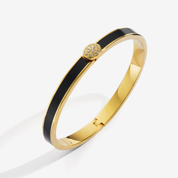 Load image into Gallery viewer, Halcyon Days &quot;Skinny Pave Button Black &amp; Gold&quot; Bangle
