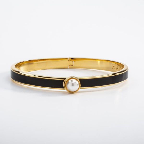 Load image into Gallery viewer, Halcyon Days &quot;Skinny Cabochon Pearl Black &amp; Gold&quot; Bangle
